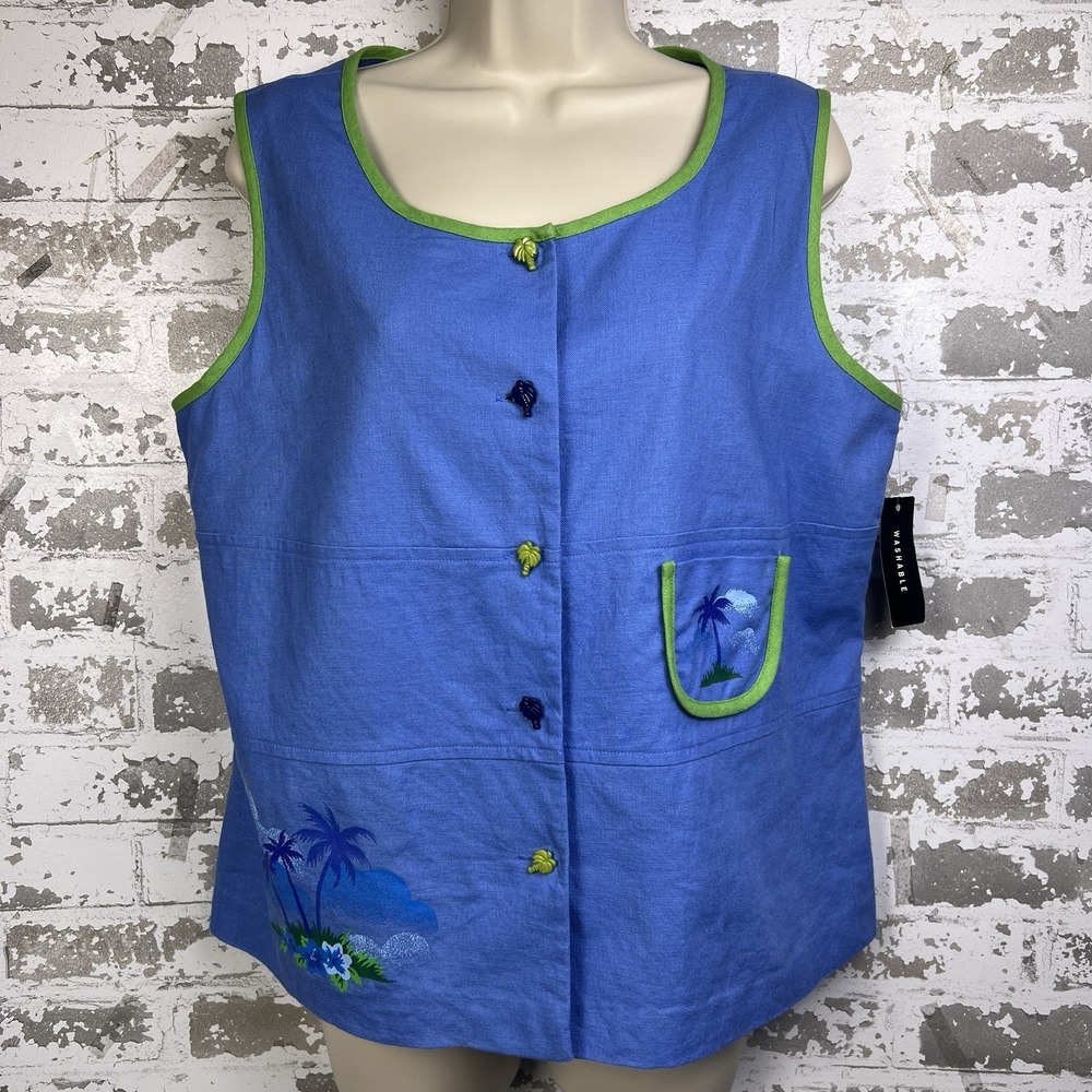 Sag Harbor 2 Pc Set 14P Capris Pants Blue Lime Green Palm Trees Buttons Beach - Picture 3 of 16